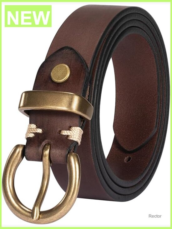 Genuine Leather Belt Vintage Solid Brass Circle Buckle for Jeans